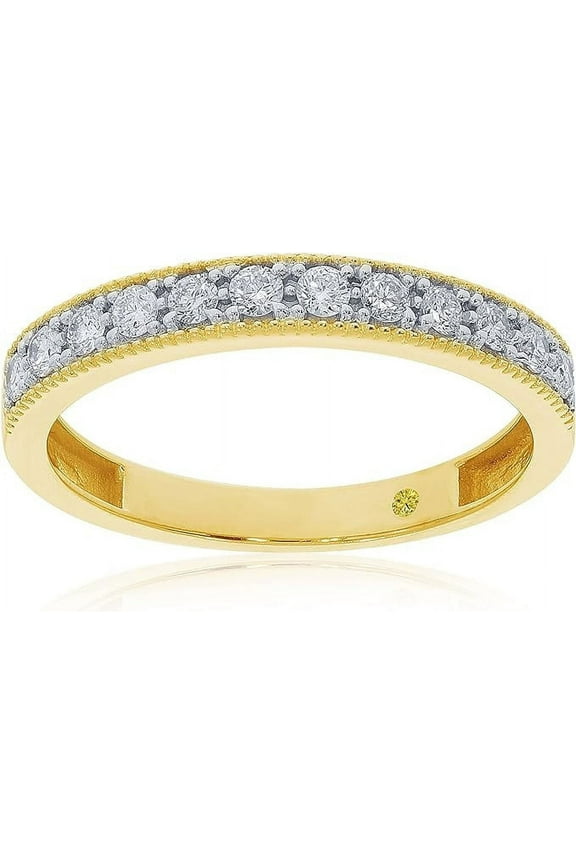 1/10 CT TW Lab Grown Diamond Rings for Women | Real 10K Yellow Gold Milgrain Diamond Band | Size 4.5