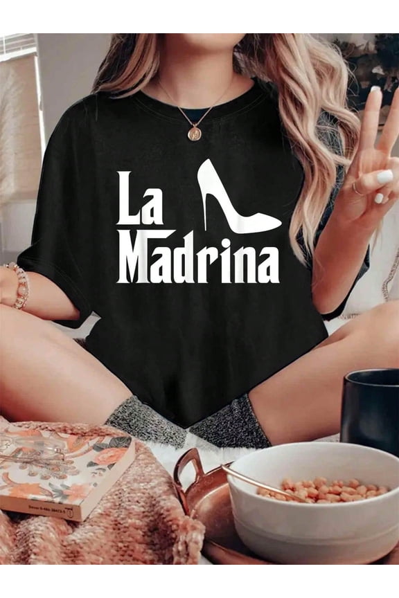La Madrina Godmother Comadre Godparent Gift T-Shirt , Printed Crew Neck T-Shirt For Women - Casual Crew Neck, Short Sleeve, Breathable 100% Cotton Top