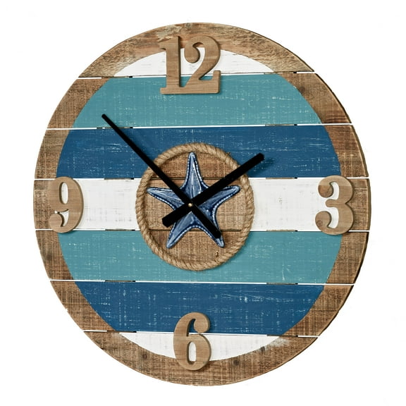 La Mer Coastal Wooden Plank Wall Clock Blue 24 Inches Diameter