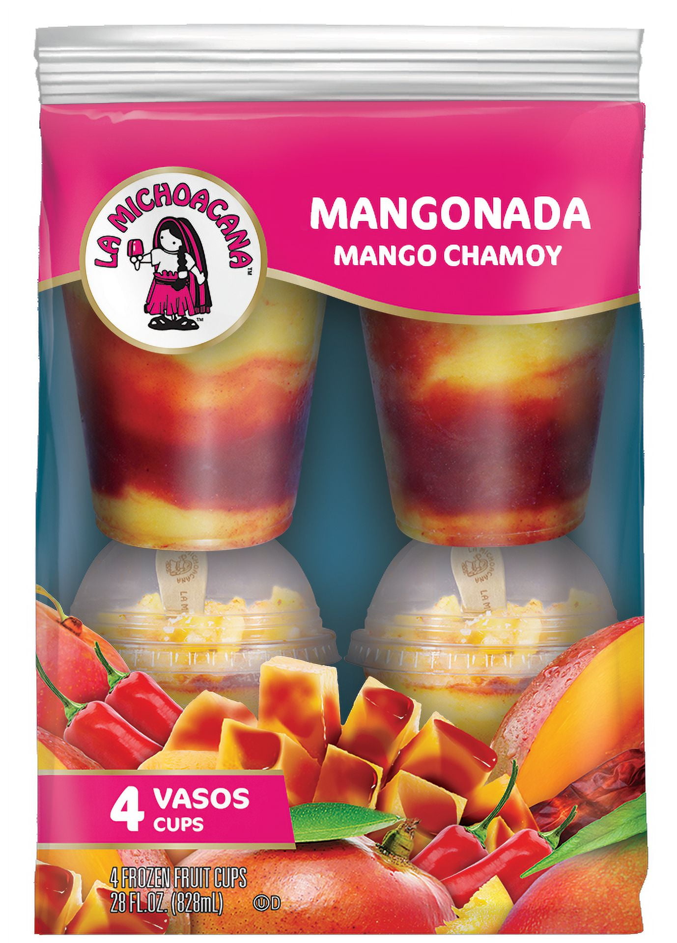 La Michoacana Mango Chamoy Premium Frozen Fruit Cups, GlutenFree, 4