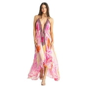 La Moda Clothing Botanical Maxi High- Low Halterneck dress featuring a colorful tropical print and crystal embelishments
