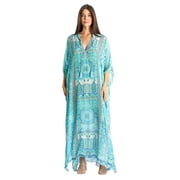 La Moda Clothing Cleopatra Long Kaftan featuring a colorful print and tassel tie details