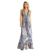 La Moda Clothing Tribal Art Maxi High- Low Halterneck dress featuring a colorful tropical print and crystal embelishments