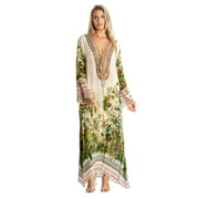 La Moda Clothing Tropical Paradise Long Kaftan featuring a colorful print and tassel tie details
