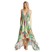 La Moda Clothing Tropics Maxi High- Low Halterneck dress featuring a colorful tropical print and crystal embelishments