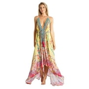 La Moda Maxi High- Low Women's   Dress Featuring a Boho Colorful Print and Crystal Embelishments