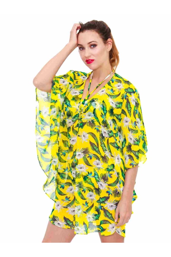 La Moda Womens Semi-Sheer Yellow & Green Tropical Floral Print Swim Suit Cover Up Top