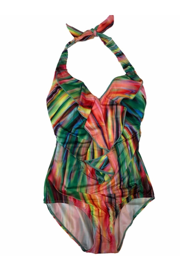 La Moda Womens Tropical Rainbow Stripe Ruffled Halter 1 Piece Swim Suit S
