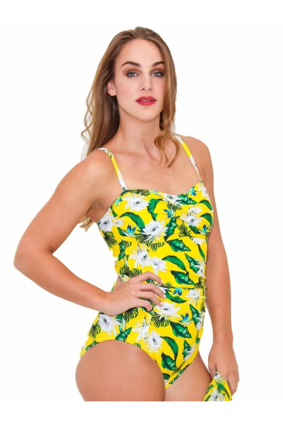 La Moda Womens Yellow & Green Tropical Floral Print 1 Piece Swim Suit Medium