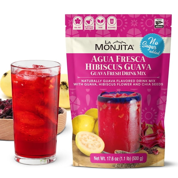La Monjita Agua Fresca Hibiscus Guava No Sugar - Mexican Agua de Jamaica Naturally Flavored NO Sugar Added Drink Mix with Hibiscus, Guava, and Chia Seeds - 50 Servings (500g / 17.6oz)
