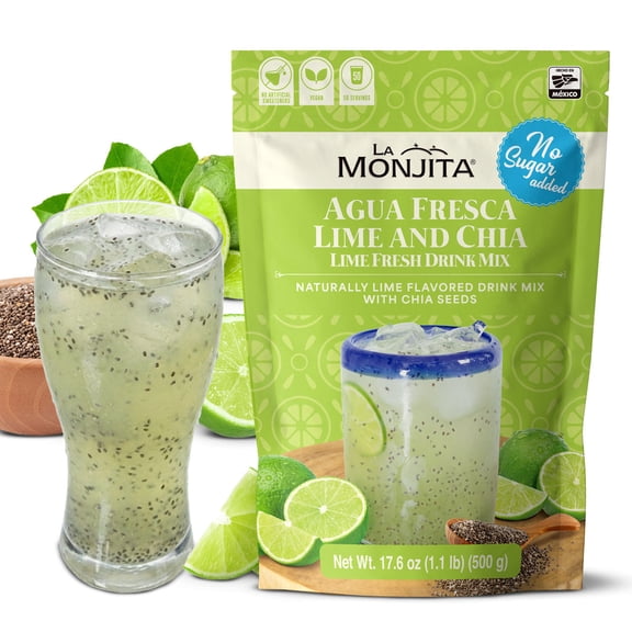 La Monjita Agua Fresca Lime and Chia No Sugar - Naturally Lime Flavored No Sugar Added Drink Mix With Chia Seeds - 50 Servings (500g / 17.6oz)