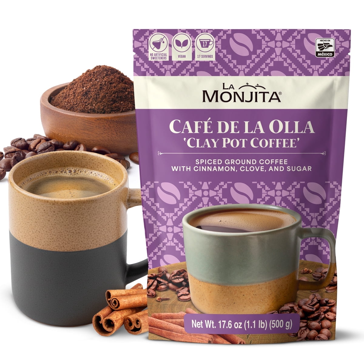 La Monjita Traditional Mexican Cafe de la Olla - Ground Coffee Blend with Cinnamon & Clove (500g / 17.6oz Pouch)