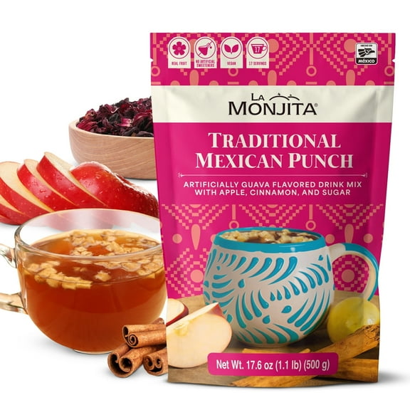 La Monjita Ponche Mexicano Traditional Mexican Punch Drink Mix with Hibiscus, Guava, Apple Bits & Cinnamon (500g / 17.6oz Pouch)