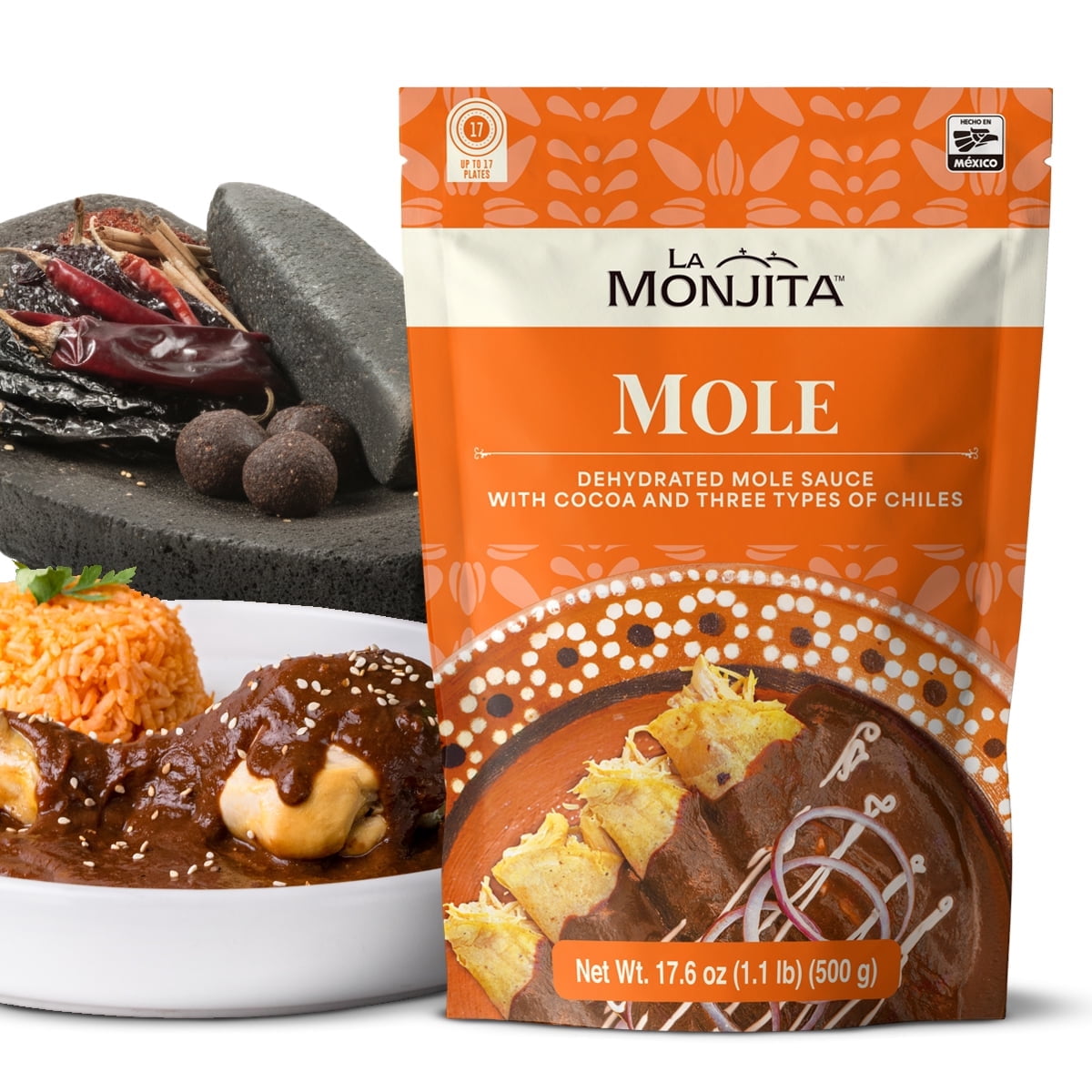 La Monjita Traditional Mexican Mole Sauce Powder Mix – Classic Dry Sauce Blend with Chiles, Cacao, Tortilla & Sesame Seeds (500g / 17.6oz Pouch, 17 Servings)
