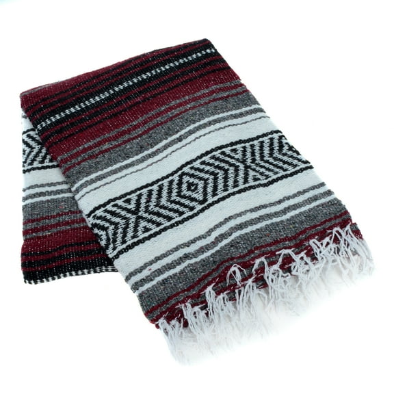 La Montana 10 Pack Mexican Blankets, 74" x 50" Yoga Blankets, Burgundy/Charcoal/White