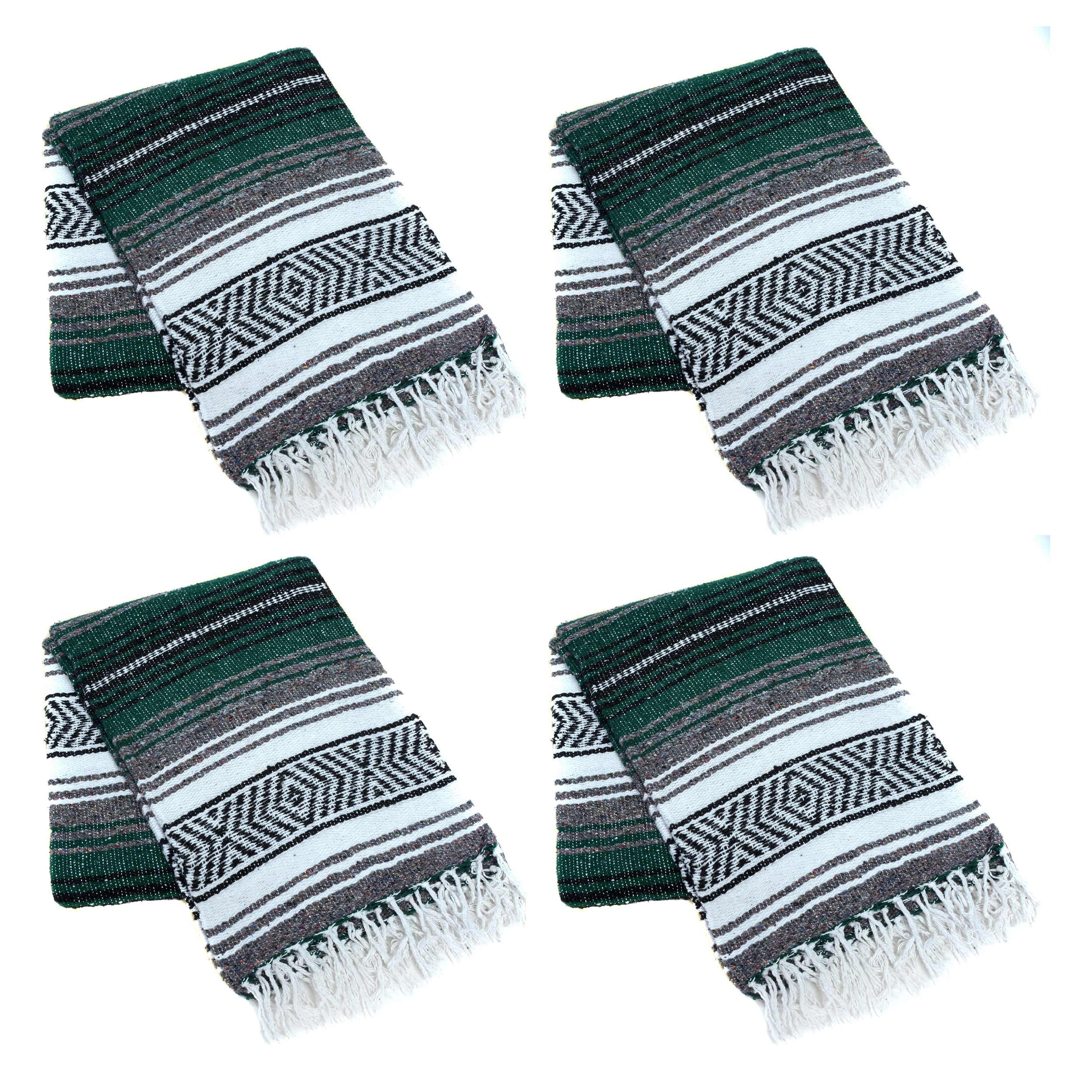 La Montana 4 Pack Mexican Blankets, 74" x 50" Yoga Blankets, Forest Green/Charcoal/White