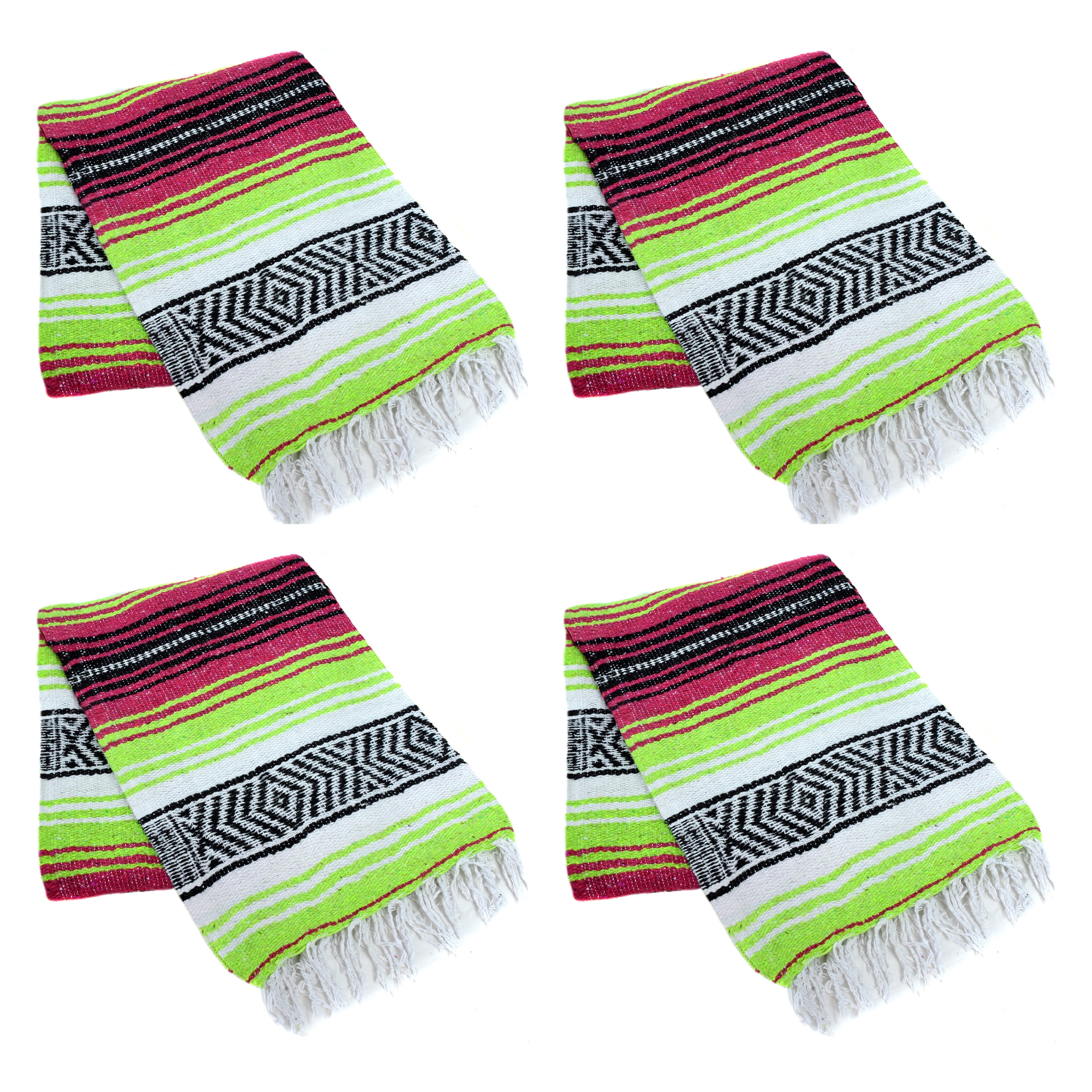 La Montana 4 Pack Mexican Blankets, 74" x 50" Yoga Blankets, Hot Pink/Apple Green/White