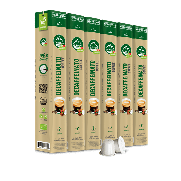La Natura Certified Decaffeinato Coffee Pods - Medium Roast Decaffeinated Arabica Coffee Capsules for Nespresso Original Line Machines - Compostable Capsules, Aluminum-Free (60 Count)