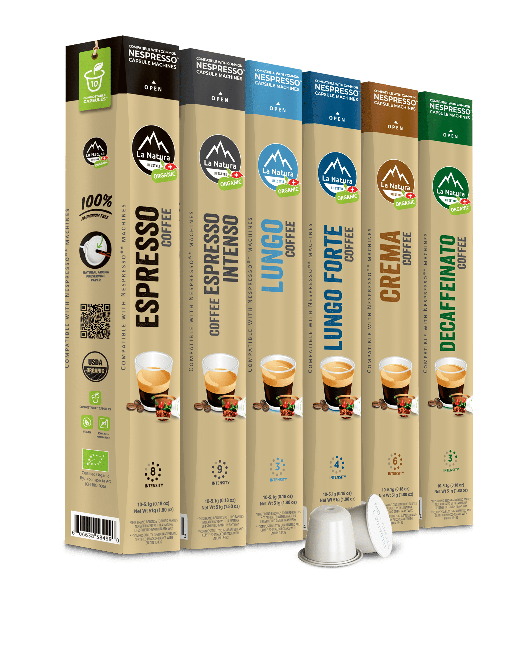 La Natura Organic Crema Coffee Pods - Medium Roast Arabica Coffee Capsules  for Nespresso Original Line Machines - Compostable Capsules - Single-Serve