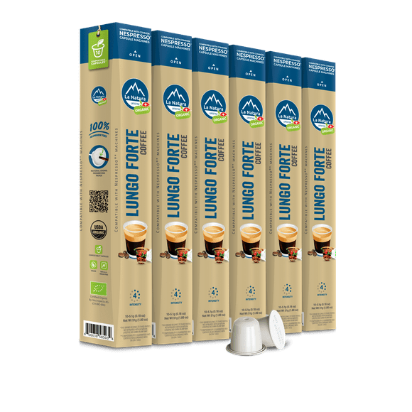 La Natura Organic Lungo Forte Coffee Pods - Medium Roast Arabica Coffee Capsules for Nespresso Original Line Machines - Compostable Capsules, Aluminum-Free - Single-Serve Pods (60 Count)