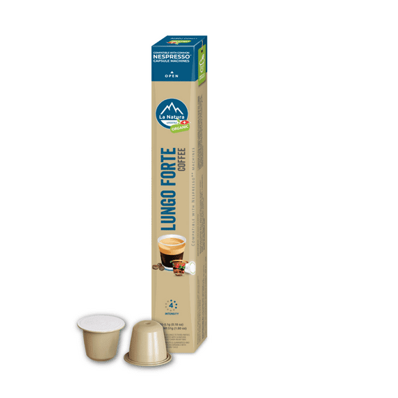La Natura Organic Lungo Forte Coffee Pods - Medium Roast Arabica Coffee Capsules for Nespresso Original Line Machines - Compostable Capsules, Aluminum-Free - Single-Serve Pods (10 Count)