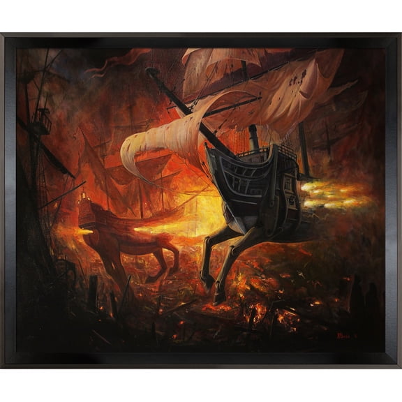 La Pastiche  Adrian Borda Spanish Galions on Fire Framed Fine Art Print - Brown