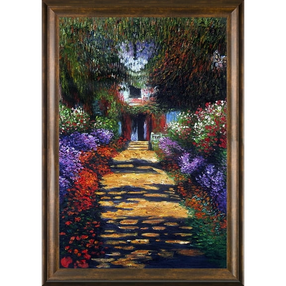 La Pastiche Claude Monet 'Garden Path at Giverny' Hand Painted Framed Oil Reproduction on Canvas