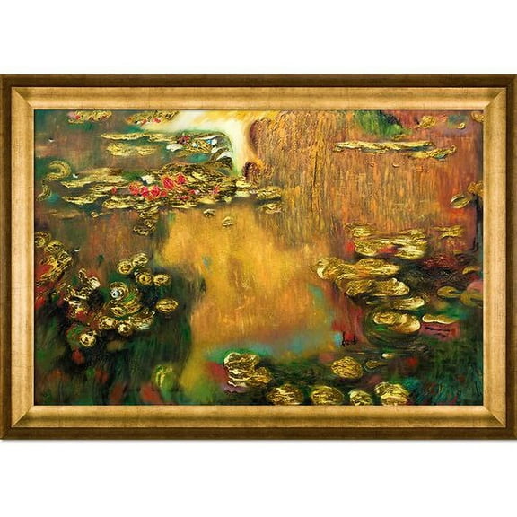 La Pastiche 'Water Lilies' by Claude Monet Framed Oil Painting Print on Wrapped Canvas in Antique Gold