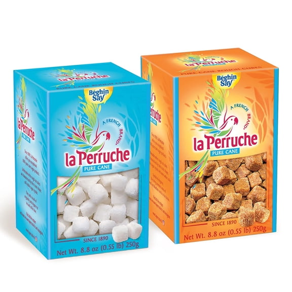 La Perruche Pure Cane Sugar Cubes (250g/8.8oz) | Combo Pack, 1 box white, 1 box brown sugar cubes | Ideal Sugar Cubes for Coffees and Teas | Pack of 2