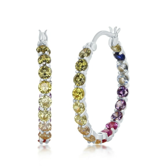 La Preciosa Silver or Gold Plated 3X25mm Inside-Outside Rainbow CZ Hoop Earrings