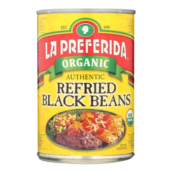 LA PREFERIDA - Organic Refried Black Beans for Mexican Dishes - 15 oz, Case of 12