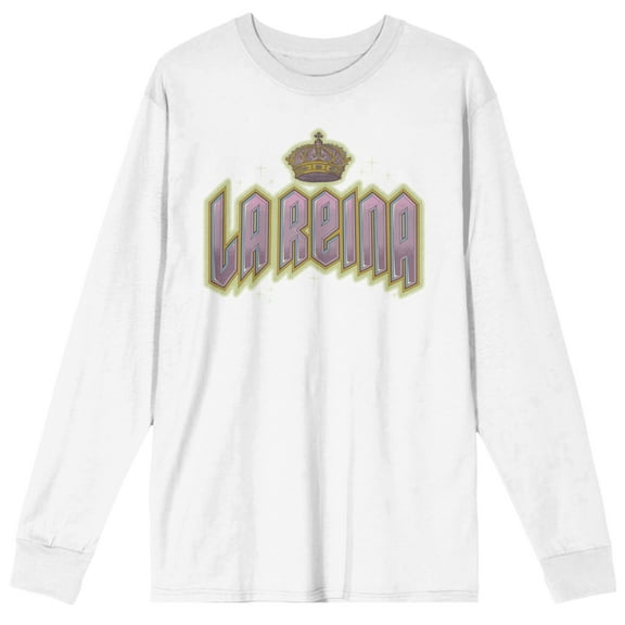 La Reina (Queen) Metallic Font Adult White Long Sleeve Crew Neck Tee-Large