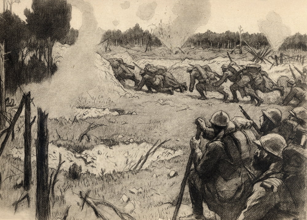 La Releve Sous Les Obus Drawing By Georges Leroux 1916 Canvas Art - Ken Welsh Design Pics (18 x 12)