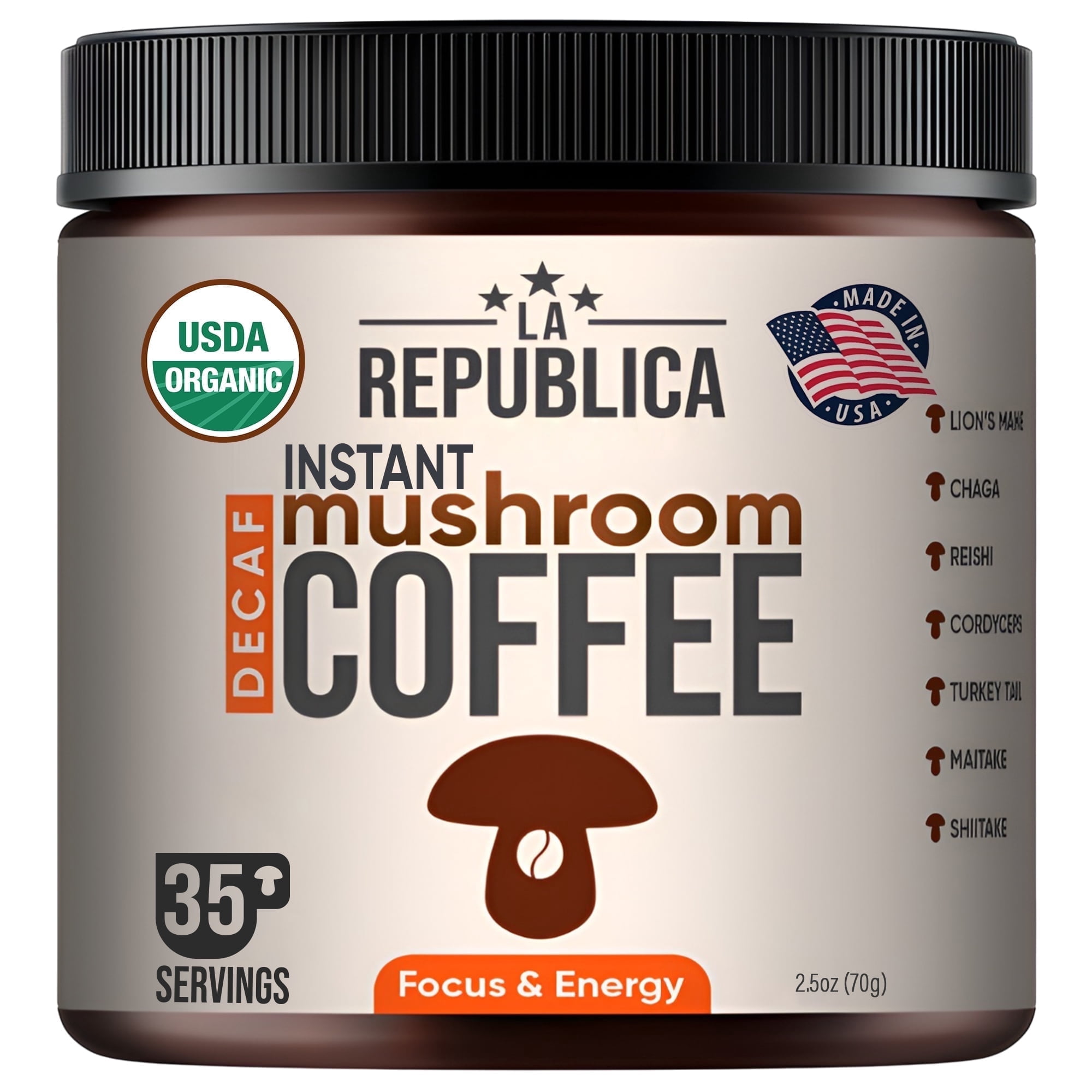 La Republica Organic Decaf Mushroom Coffee, 7 Superfood Shrooms, Instant Decaf, 3.5oz (35 Servings)
