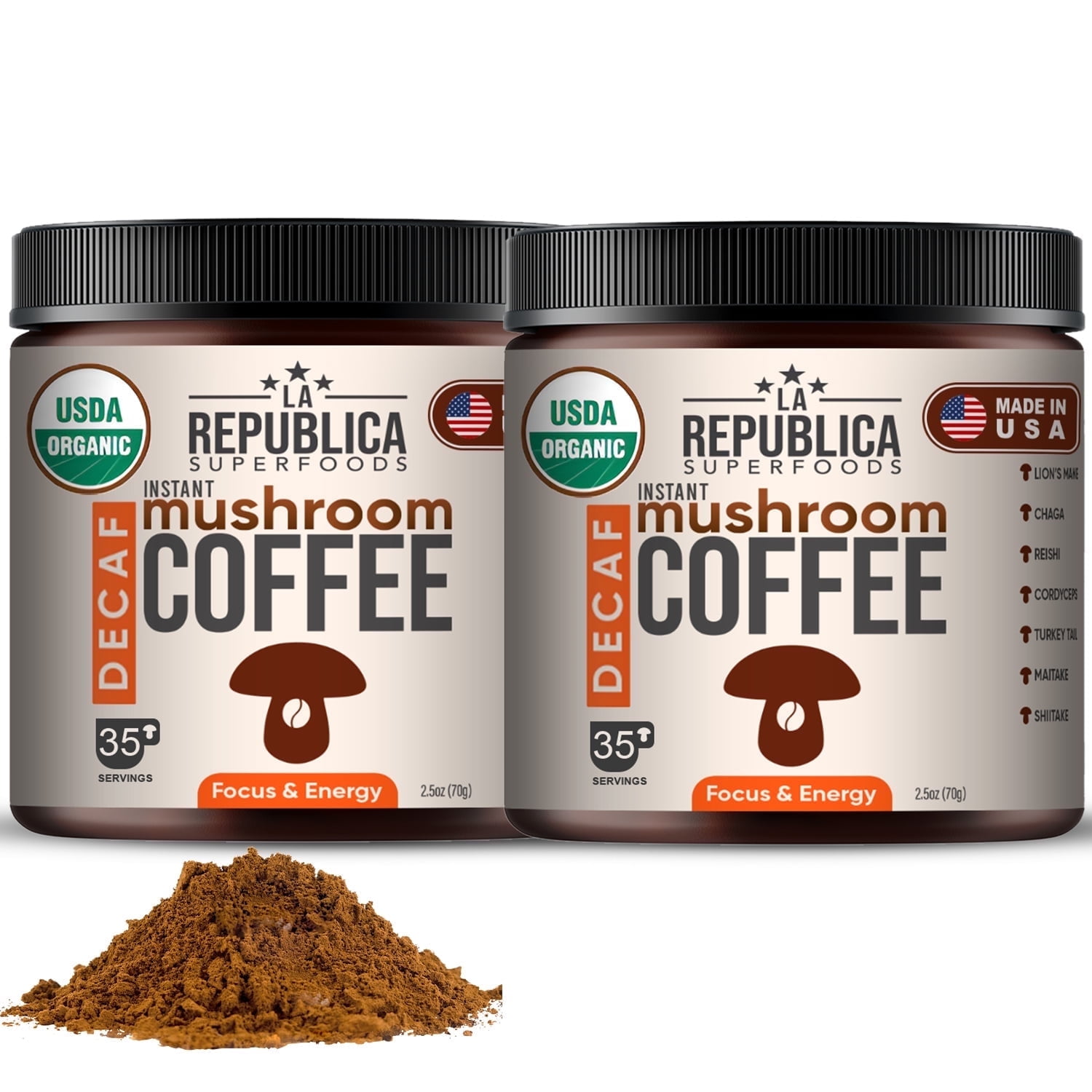 La Republica Organic Decaf Mushroom Coffee Instant Blend 2-Pack (7.5 oz) with Lion's Mane & Reishi – 70 Servings