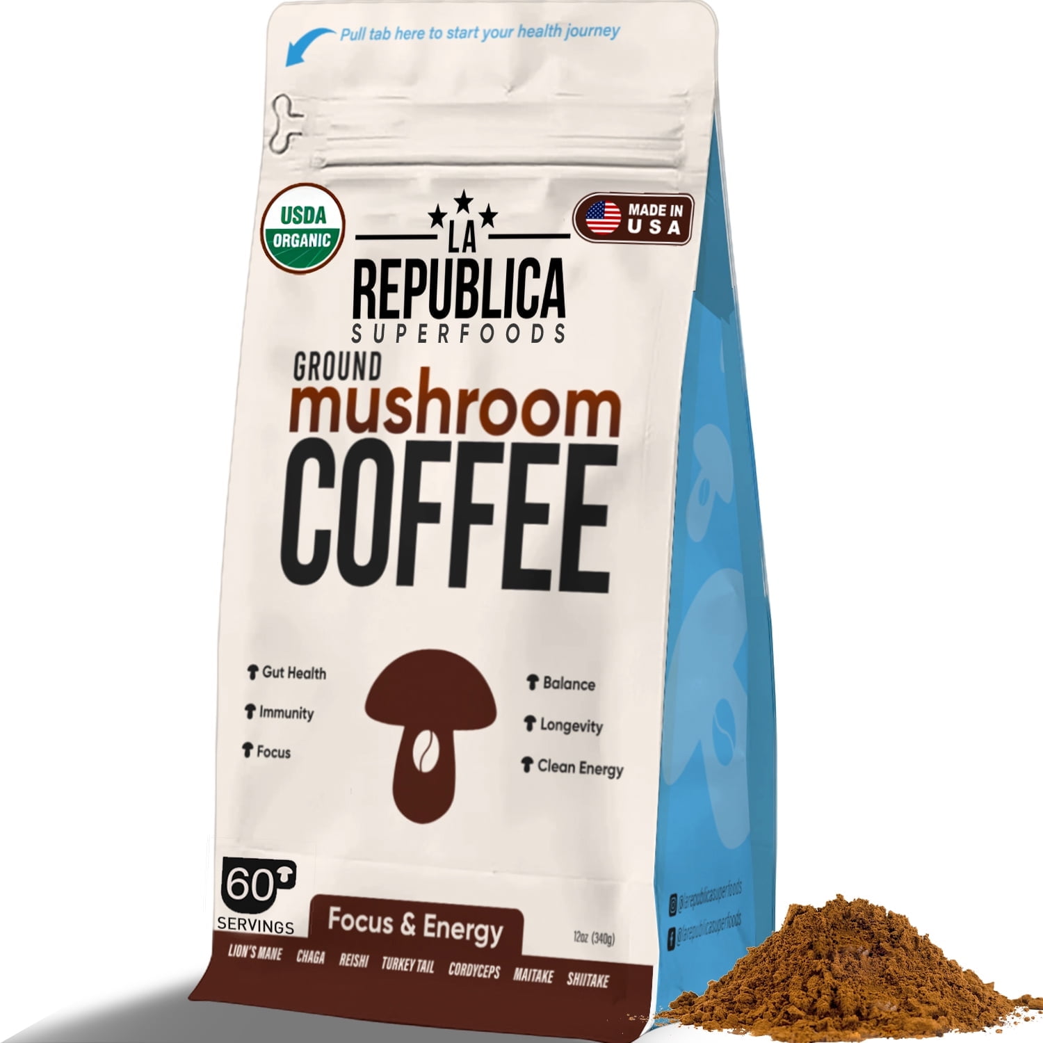 La Republica Ground Mushroom Coffee, Organic Fair Trade Arabica with Superfood Mushrooms (Medium Roast, 60 Servings)