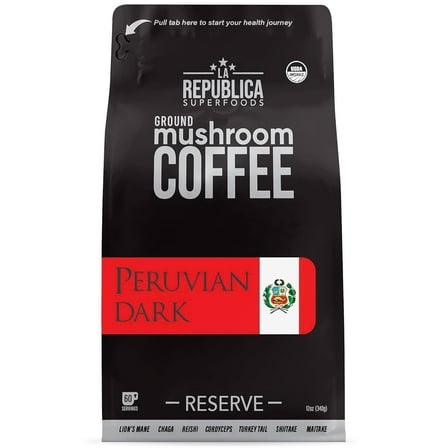 La Republica Peruvian DARK Reserve Mushroom Coffee Ground for Espresso Maker (Lion's Mane Reishi Chaga - Premium Dark Roast Small Batch) 60 servings