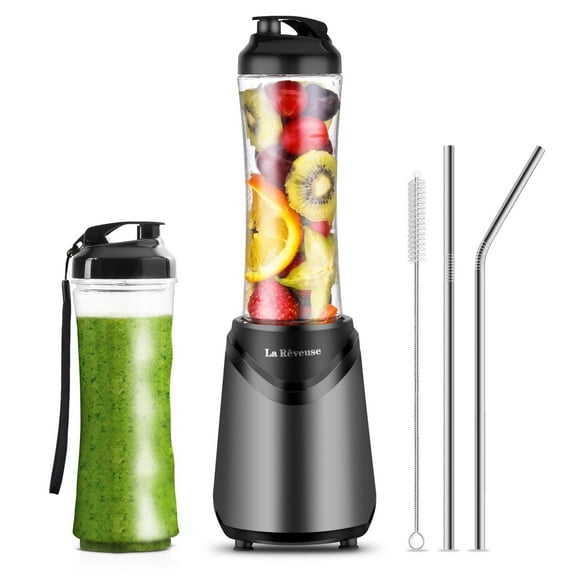La Reveuse Smoothie Blender Personal Size 300 Watts with 2 Pieces 18 oz Travel Sports Bottles (Grey)