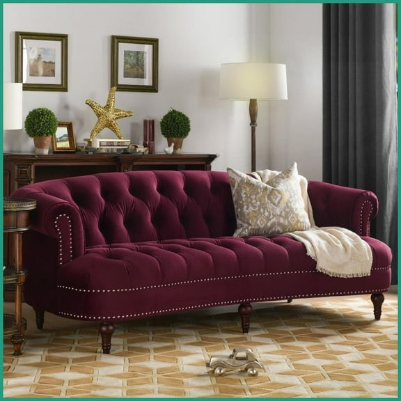 La Rosa Victorian Chesterfield Tufted Burgundy Velvet Sofa with Solid Hardwood Frame for Living Room