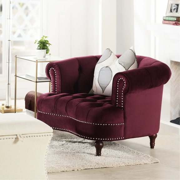 La Rosa Victorian Upholstered Chair In Burgundy Velvet - Kiln-dried Hardwood & Plywood Framework Fine Upholstery Flame-retardant Foam Resilient Sinuous Spring System Classy Satin Silver Nailhead