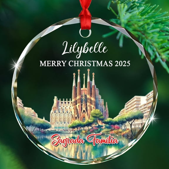 La Sagrada Família Barcelona Trip Glass Christmas Ornament, Customized Text & Name Keepsake Ornament Gift for Barcelona Spain Travel Memories, Personalized Sagrada Família Spain Lover Glass Ornaments