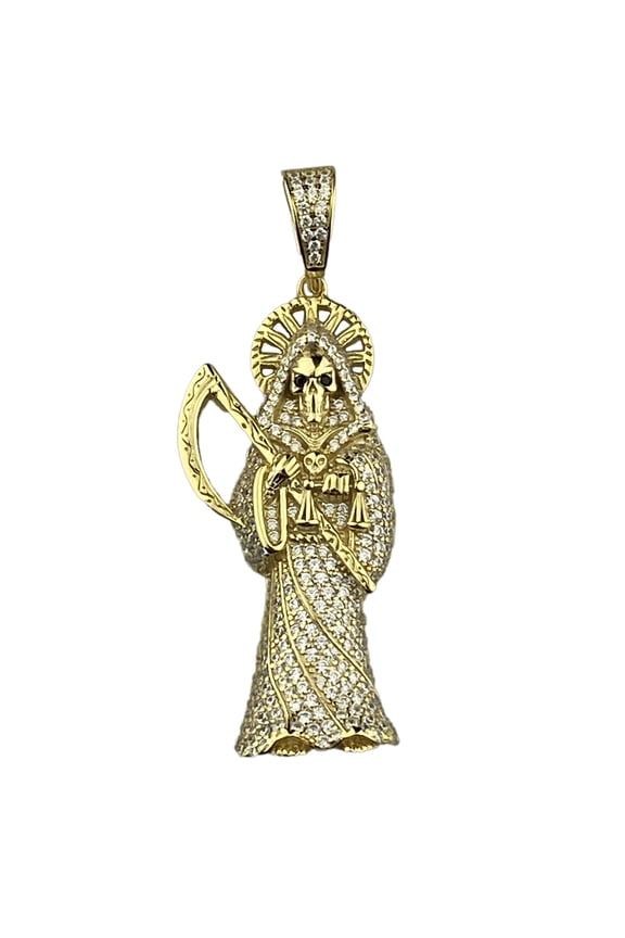 La Santa Muerte Real Solid 925 Sterling w/ Gold Finish Iced Micro Pave Bling Pendant