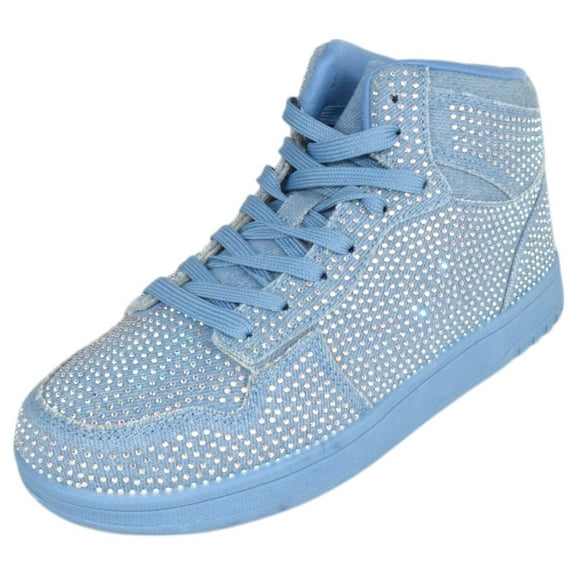 La Sheelah Flat Women High Top Fashion Sneakers Chelsea Shoes Lace Up Rhinestone Bling Crystals REXX-30 Blue Denim 9