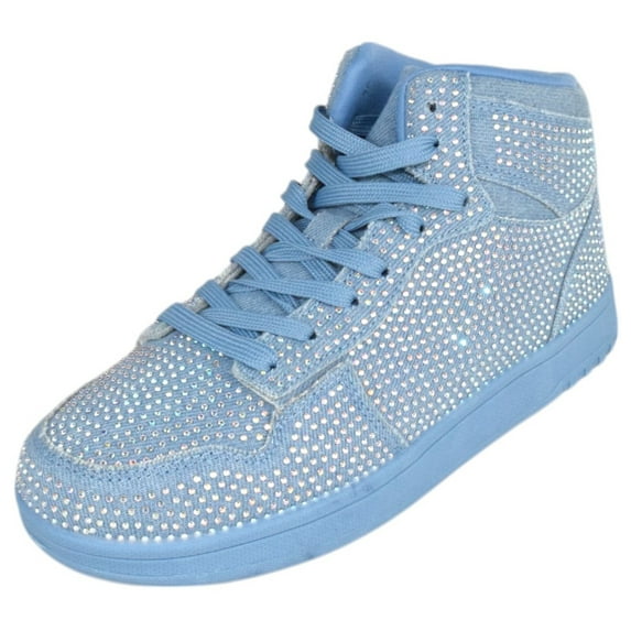 La Sheelah Flat Women High Top Fashion Sneakers Chelsea Shoes Lace Up Rhinestone Bling Crystals REXX-30 Blue Denim 9