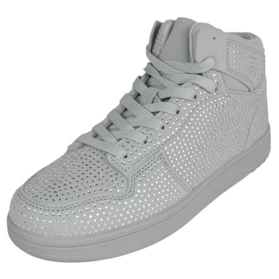 La Sheelah Flat Women High Top Fashion Sneakers Chelsea Shoes Lace Up Rhinestone Bling Crystals REXX-30 Gray 7.5
