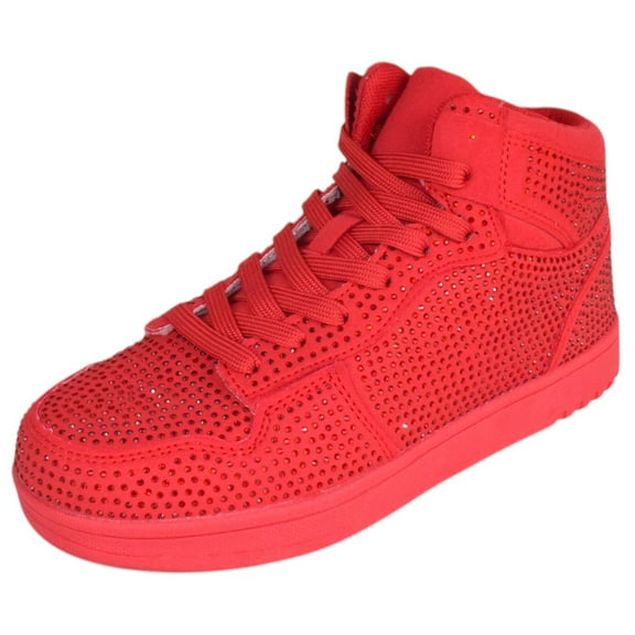 La Sheelah Flat Women High Top Fashion Sneakers Chelsea Shoes Lace Up Rhinestone Bling Crystals REXX-30 Hot Red 9