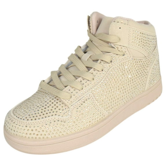 La Sheelah Flat Women High Top Fashion Sneakers Chelsea Shoes Lace Up Rhinestone Bling Crystals REXX-30 Khaki Beige 5.5