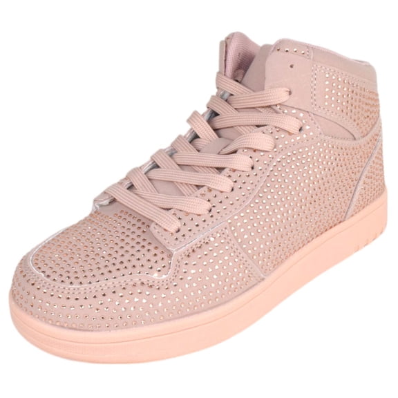 La Sheelah Flat Women High Top Fashion Sneakers Chelsea Shoes Lace Up Rhinestone Bling Crystals REXX-30 Light Pink Mauve 10