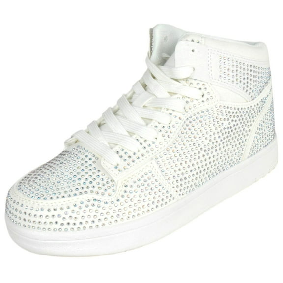 La Sheelah Flat Women High Top Fashion Sneakers Chelsea Shoes Lace Up Rhinestone Bling Crystals REXX-30 White 9
