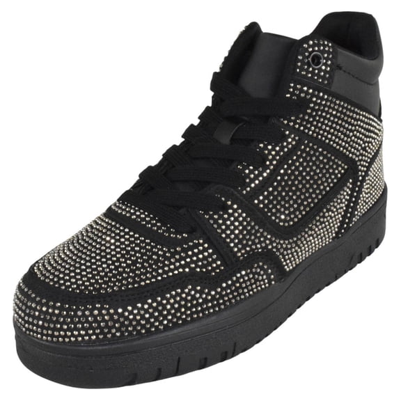 La Sheelah Flat Women High Top Fashion Sneakers Chelsea Shoes Lace Up Rhinestone Bling Sparkly Studs RICH-42 Black 10